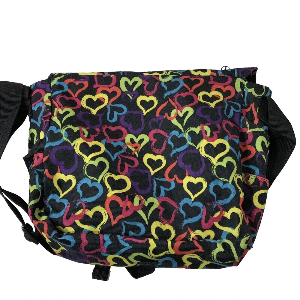 Yak Pak Black Brights Hearts Messenger Bag Bookbag Travel Shoulder Strap Bag